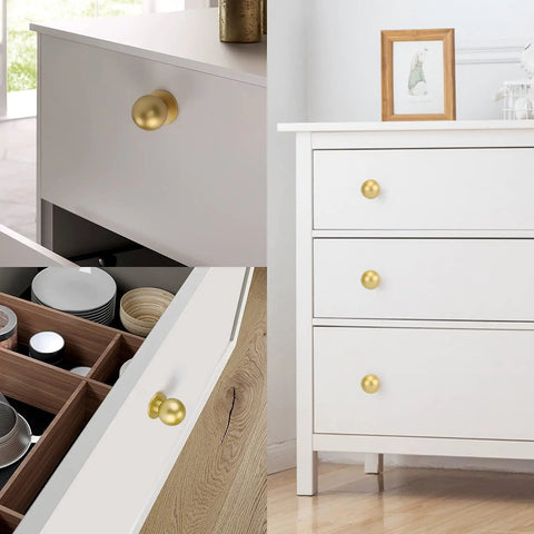 Solid Brass Cabinet Knobs 1 Inch Gold Round Drawer Knobs For Kitchen Bathroom Bedroom 10 Pack Dope Ball Shaped Hardware On White Dresser