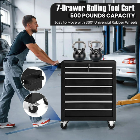7 Drawer Metal Rolling Tool Chest On Wheels With Locking System in garage workshop, man pushing cabinet on rubber wheels