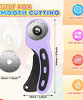 Rotary Cutter For Fabric With 45mm Blades And 5 Extra Replacement Blades, shown in purple with features highlighted.