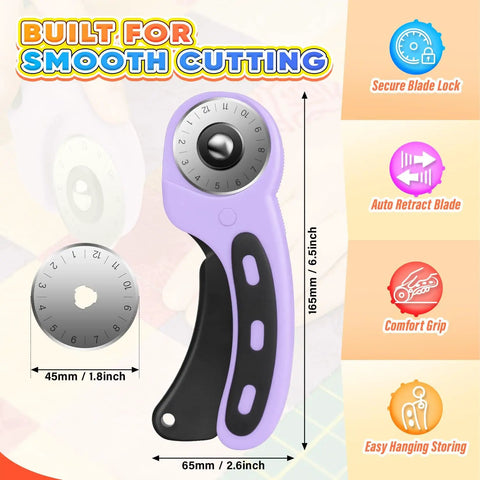 Rotary Cutter For Fabric With 45mm Blades And 5 Extra Replacement Blades, shown in purple with features highlighted.