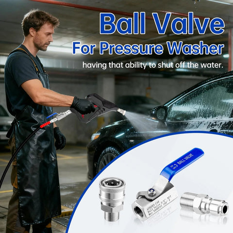 Aurora Car ball valve for pressure washer hose, 3/8" quick-connect, stainless steel with blue lever, 5000 PSI