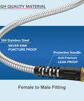 Close-up of Stainless Steel Garden Hose Extension 3ft Short Hose With Female To Male Fittings, showing protective handle and fittings