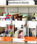 Super Slick 3 Pack Under Sink Organizer With Bonus Hanging Cups For Bathroom And Cabinet Storage in clean white finish, featuring bottles and cleaning supplies.