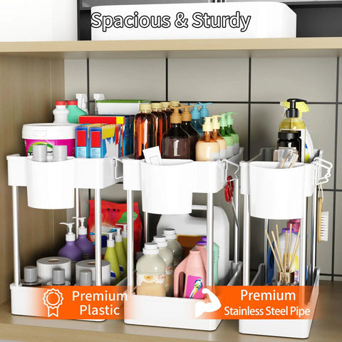 Super Slick 3 Pack Under Sink Organizer With Bonus Hanging Cups For Bathroom And Cabinet Storage in clean white finish, featuring bottles and cleaning supplies.