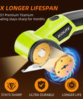 Close-up of JCCHJTX 4V Cordless Electric Scissors With Led Light showing SKS7 blade, highlighting longevity and durability features.