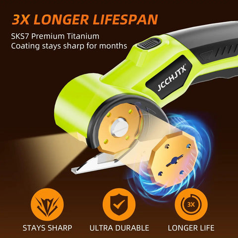 Close-up of JCCHJTX 4V Cordless Electric Scissors With Led Light showing SKS7 blade, highlighting longevity and durability features.