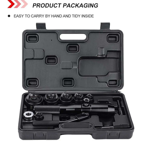 Portable Manual Hydraulic Hole Punch Kit With Six Dies in carrying case, showing organized storage for distribution boxes and metal sheets