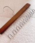 Solid Wooden Closet Organizer Dual Pack featuring eight smooth stainless steel hooks on a light brown wooden rack.