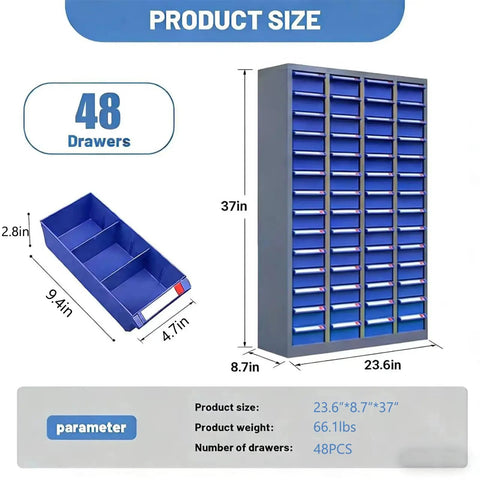 Heavy Duty 48 Drawer Steel Parts Cabinet With Abs Drawers And Clear Labels For Screws Bolts Nuts Tools And Small Parts A Smart Multi Purpose Storage Organizer For Your Garage Workshop And Industrial Warehouse with size specifications visible