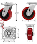 Heavy Duty 5 Inch Swivel Casters Set of 4 With Polyurethane Tread On Polypropylene Core, dimensions and parts shown.