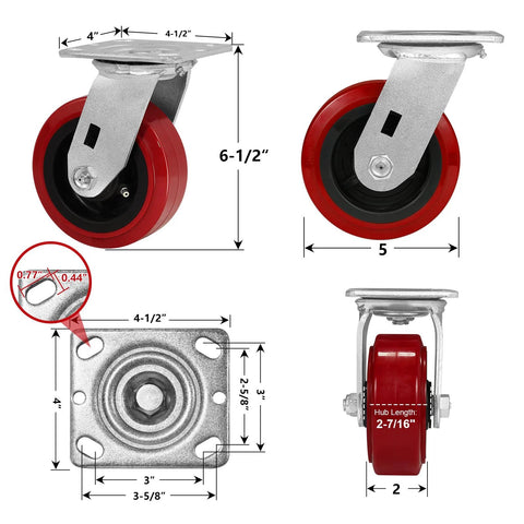 Heavy Duty 5 Inch Swivel Casters Set of 4 With Polyurethane Tread On Polypropylene Core, dimensions and parts shown.