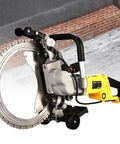 Supercharged Electric Concrete Circular Saw With Built In Water Fed Dust Suppression And Ring Diamond Blade Wall Chaser Masonry Cutter, side view showing diamond blade and copper motor.