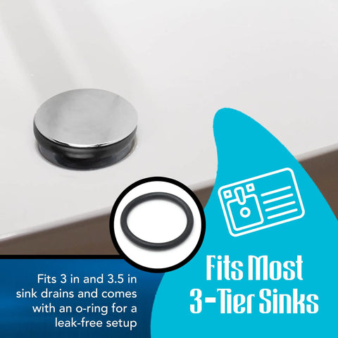 Twist Waste Drain Valve Plunger With O Ring for 3 Tier Sink on white surface, fits 3 and 3.5 inch drains, leak-free seal.