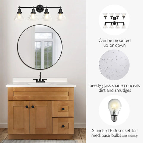 Rustic Farmhouse 4-Light Vanity Light In Matte Black With White Bowl Shades And Black Trim above bathroom mirror and sink