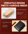 Tan wallet and black leather cardholder with 7 Piece Pro Grade Leather Craft Tools Arc Shaped Quarter Circle Punch Set for precise cuts.