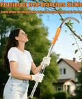 Person using Long Handled High Branch Weeding Sickle With Stainless Steel Blade Lightweight And Durable Tool for pruning