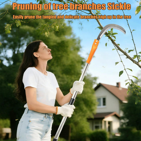 Person using Long Handled High Branch Weeding Sickle With Stainless Steel Blade Lightweight And Durable Tool for pruning