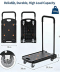 Heavy Duty Folding Hand Truck Featuring Four Sturdy Casters And Rock Solid Aluminum Handles For Zero Hassle Moving Up To 330 Pounds Without A Sweat On Any Project, showing measurements and design.