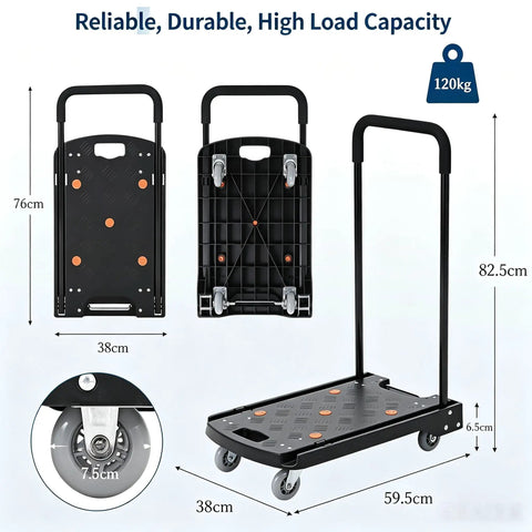 Heavy Duty Folding Hand Truck Featuring Four Sturdy Casters And Rock Solid Aluminum Handles For Zero Hassle Moving Up To 330 Pounds Without A Sweat On Any Project, showing measurements and design.