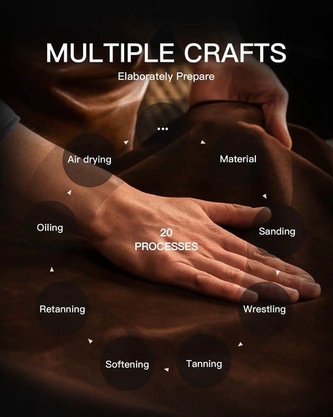 Hands showcasing leather crafting process with focus on air drying, sanding, oiling, retanning, and tanning steps.