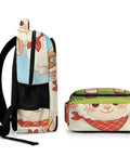 Smiling Sheep Wearing A Scarf Printed Unisex Backpack with Large Capacity side view, durable polyester, sturdy zipper