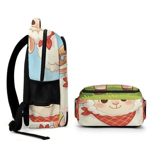 Smiling Sheep Wearing A Scarf Printed Unisex Backpack with Large Capacity side view, durable polyester, sturdy zipper