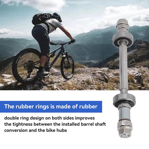Biker on mountain trail with Must Have Front And Rear Bicycle Axle Set With Quick Release Levers, focus on durable build