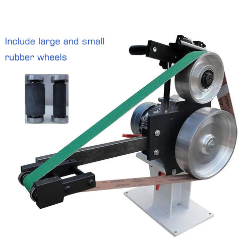 Heavy Duty 71 Inch Variable Speed Belt Sander Grinder with large and small rubber wheels for knife sharpening and surface polish.