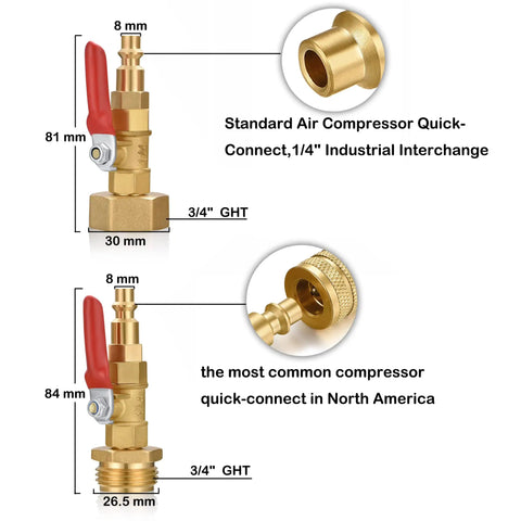 RV Winterize Blowout Adapter With One Quarter Inch Quick Connect Plug And Three Quarter Inch Garden Water Hose Threading shown with measurements and design details, brass construction.