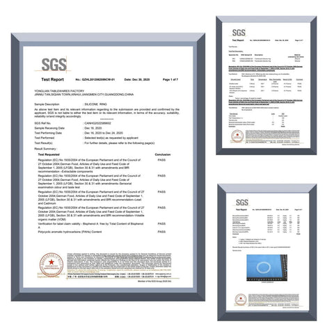 Certification documents for Stovetop Espresso Maker Replacement Gasket Seals And Stainless Filter Screen For 12 Cup Moka Pot Includes Two FDA Grade Silicone Gaskets And One Stainless Steel Filter Dishwasher Safe Silver Finish.