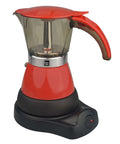 Red Electric Espresso Maker For 1 To 3 Cups With Transparent Carafe Auto Shut Off Clear Brew Preview Easy One Touch Espresso Ideal For Quick Mornings No Fuss Morning Boost For Busy Homes And Small Kitchens shown from the side on a black base.