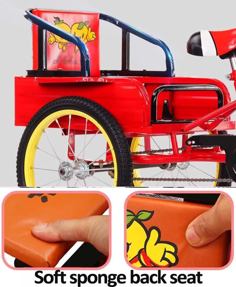 Folding Three Wheel Tricycle With Rear Passenger Seat And Backrest showcasing soft sponge backrest and tandem rickshaw style pedals