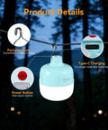 20W LED Camping Lantern Rechargeable, 1200LM Output with portable hook, power button, Type-C charging shown against a night background