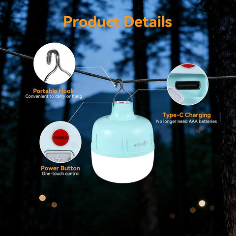 20W LED Camping Lantern Rechargeable, 1200LM Output with portable hook, power button, Type-C charging shown against a night background