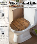 Round Overhead view brown wooden table Toilet Seat on standard toilet with adjustable hinges.