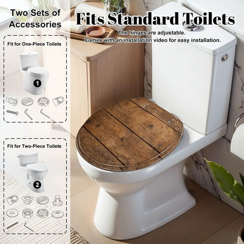 Round Overhead view brown wooden table Toilet Seat on standard toilet with adjustable hinges.