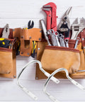 Heavy Duty Hammer Holder Wall Mount Tool Rack With Iron Hooks, 4 Pack shown with tool belt and tools, for garage organization