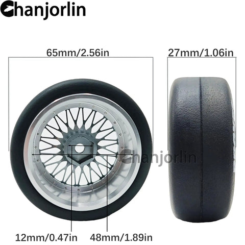 RC Drift Tires With Aluminum Wheels 2.56 Inch OD 12mm Hex Hard Drift Tires side and front view, 1/10 Rally Street Cars
