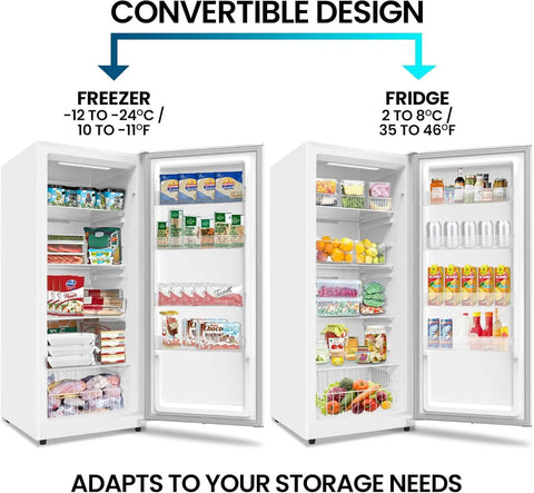 Hella Spacious 17 Cubic Foot Convertible Freezer And Refrigerator in crisp white, showing freezer and fridge sections with adjustable shelves.