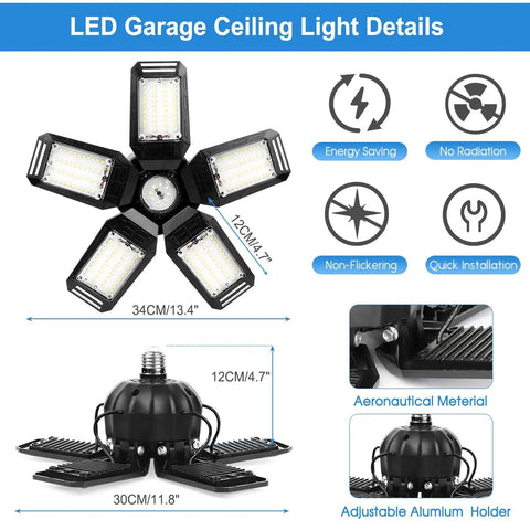 Two Pack LED Garage Lights With Five Plus One Panels, 160W 15000LM 6500K Adjustable Ceiling Mount, E26 E27 Base design details