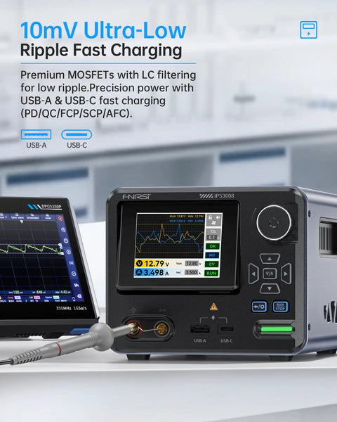 36V 8A Benchtop Power Supply With Ultra Low Ripple Under 10mV Aluminum Case USB A And Type C Ports Day Night Dual UI 4 Digit IPS Display PC Programmable 6 Preset Data For Precise Stable Power connected to two digital screens in a lab setting