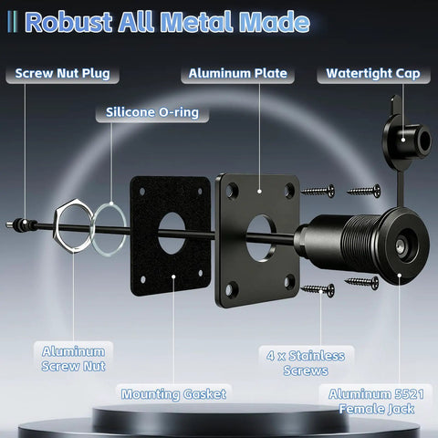 Exploded view of Rugged Aluminum DC Bulkhead Cable Pass Through Kit for RVs Boats and Trucks waterproof panel mount connector.