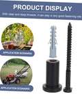 Product display of fastening tools with clear threads, including a gray anchor and a black screw, for secure installation in various settings.