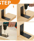Installation steps for 20 Pieces Heavy Duty Steel L Brackets 4x4x2 Inch Black Corner Supports on wooden furniture.