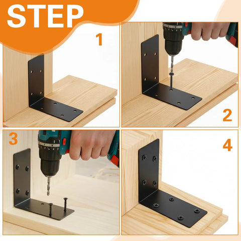 Installation steps for 20 Pieces Heavy Duty Steel L Brackets 4x4x2 Inch Black Corner Supports on wooden furniture.