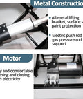 Heavy Duty Electric Scissor Lift Table With Remote And Manual Controls, Foldable Hydraulic Work Platform, 330 Pound Capacity Steel Frame close-up of metal construction and motor details.