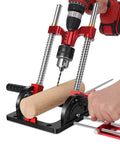 Upgraded Portable Drill Guide For Precise Straight Holes, Adjustable From Zero To Sixty Degrees, Multi Angle Clamp shown in use with wood.