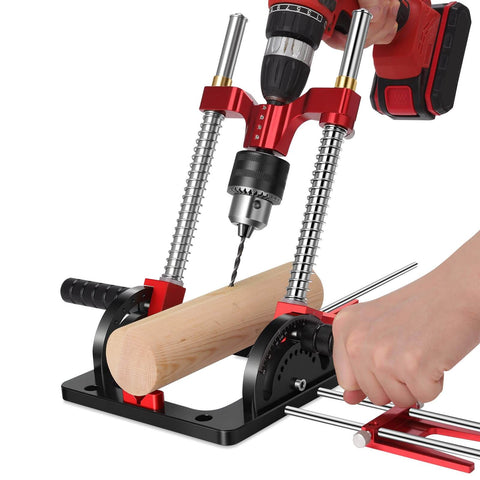 Upgraded Portable Drill Guide For Precise Straight Holes, Adjustable From Zero To Sixty Degrees, Multi Angle Clamp shown in use with wood.