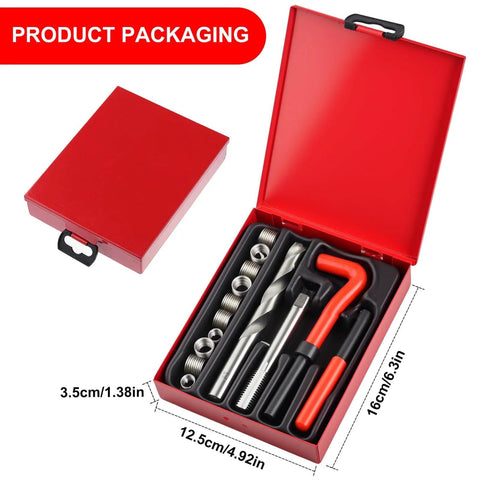 Metric Thread Repair Kit M12x1.5 with Helicoil Style Inserts, 10 Thread Inserts, HSS Drill Bits, Taps, Tools, Red Carry Case