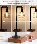 Industrial Desk Lamp With Bulb Included, 3-Way Dimmable, Edison Touch Control, showing brightness levels with metal and wood design
